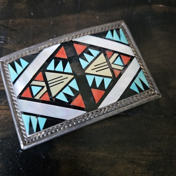 Vintage Zuni Inlay Stone and Sterling Silver 3x2 Buckle and Leather Belt - Picture 10 of 11